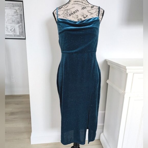 RACHEL ZOE | Women's Teal Blue Sparkly Velvet Spaghetti Strapped Midi Dress - Picture 1 of 5